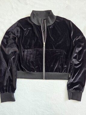 Y2K Black Velour Bomber Jacket XL Full Zip Cropped Velvet Goth Mcbling Bratz 00s